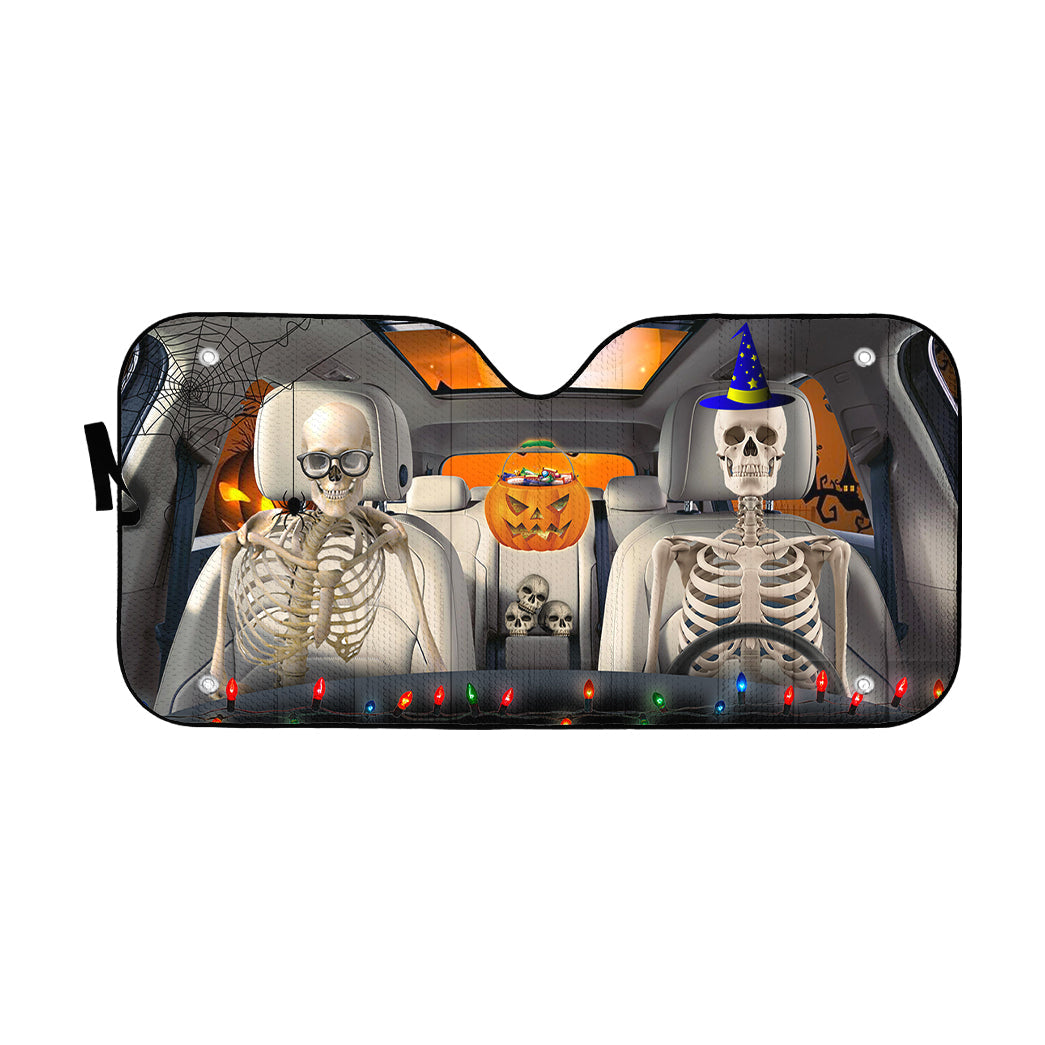 Gearhumans 3D Halloween Skeleton Couple Skull Custom Car Auto Sunshade