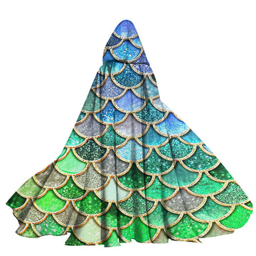 Gearhumans 3D The Most Green And Blue Sparkle Mermaid Tail In The Ocean Custom Hooded Cloak