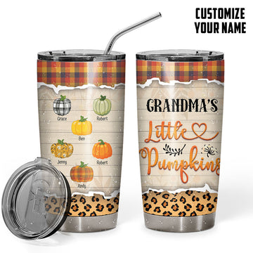 Gearhumans 3D Grandparents Day Grandmas Little Pumpkins Custom Name Design Vacuum Insulated Tumbler