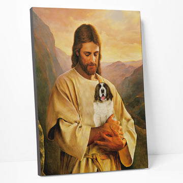 Gearhumans 3D Jesus Holding Saint Bernard Dog Custom Canvas