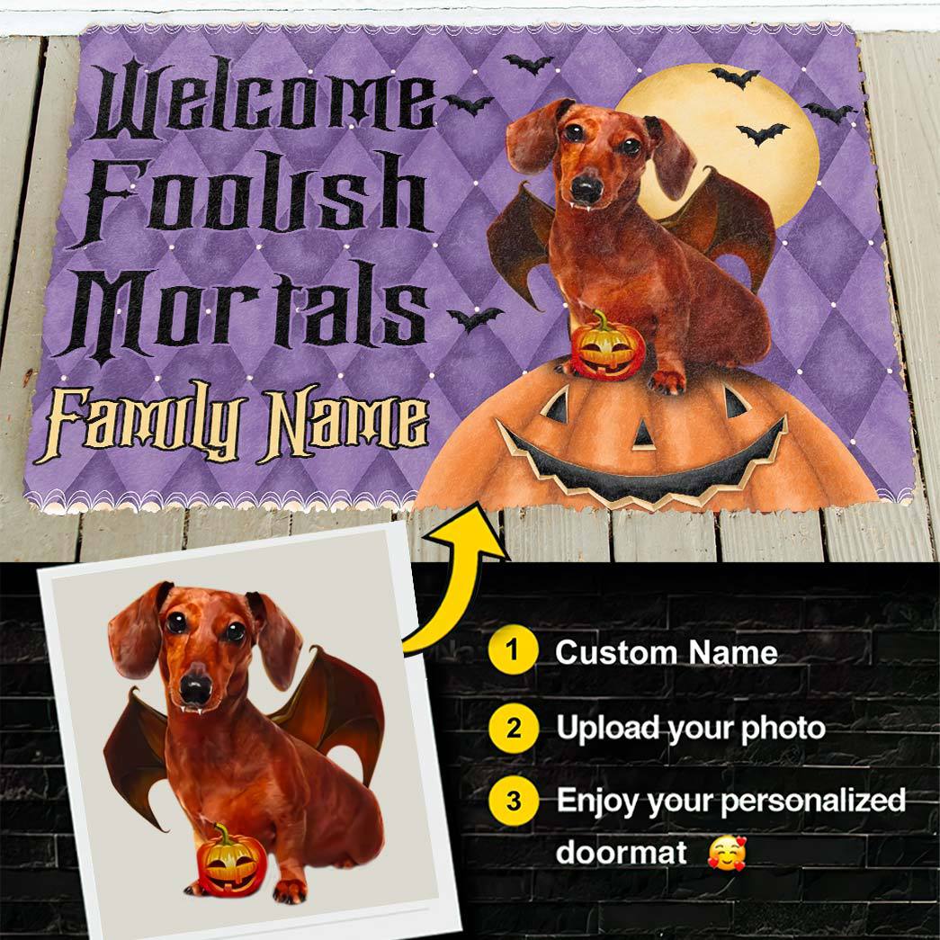 Gearhumans 3D Welcome Foolish Mortals Halloween Vampire Dog Custom Name Custom Photo Doormat