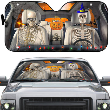 Gearhumans 3D Halloween Skeleton Couple Skull Custom Car Auto Sunshade