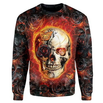 Gearhumans Burnt Skull Rose And Butterfly Custom T-Shirts Hoodies Apparel