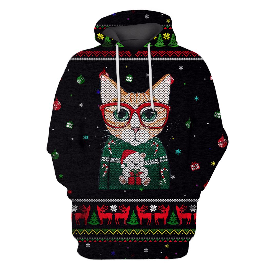Cat Wearing Red Glasses On Christmas Custom T-shirt - Hoodies Apparel HD-PET110215 3D Custom Fleece Hoodies Hoodie S 