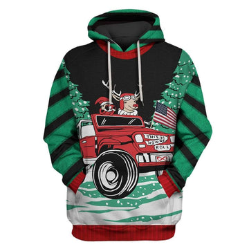 Gearhumans Custom T-shirt - Hoodies Ugly Christmas How We Roll Reindeer in Jeep Apparel