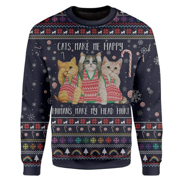 Gearhumans Custom Ugly Cat Christmas Sweater Jumper