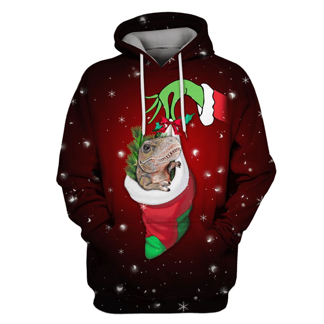 Dino T-Rex On Christmas Custom T-shirt - Hoodies Apparel MV110592 3D Custom Fleece Hoodies Hoodie S 