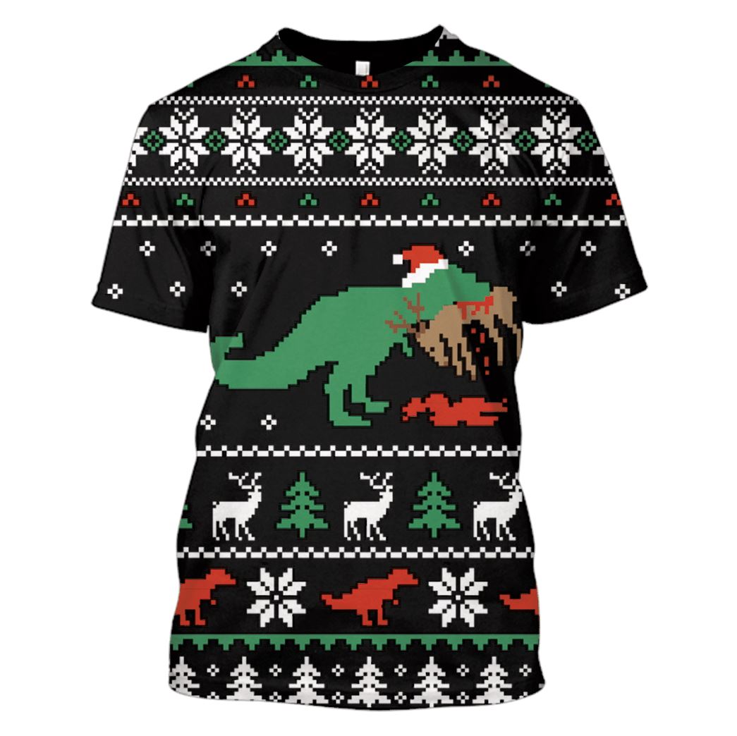 Dinosaur Merry Christmas Custom T-shirt - Hoodies Apparel HD-UGL110193 3D Custom Fleece Hoodies T-Shirt S 