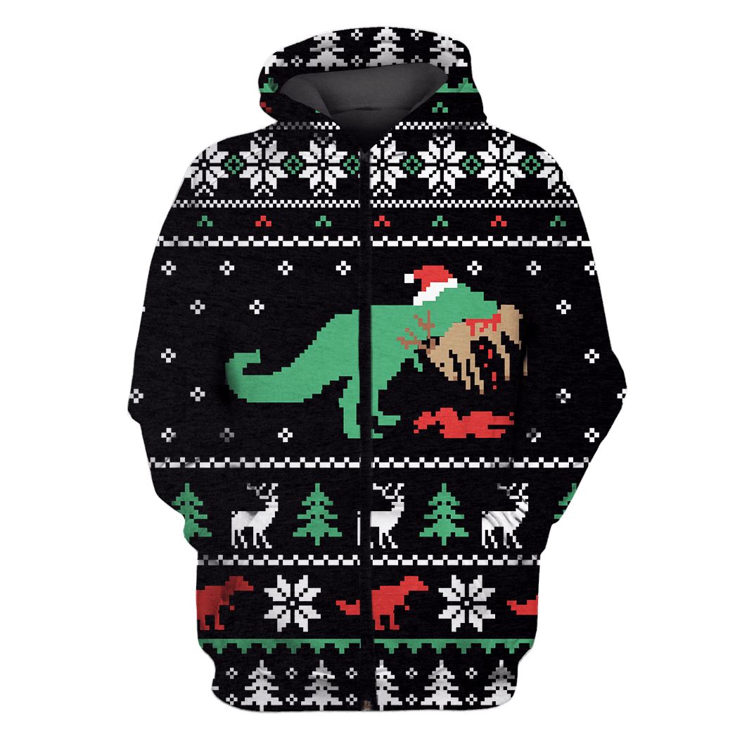 Dinosaur Merry Christmas Custom T-shirt - Hoodies Apparel HD-UGL110193 3D Custom Fleece Hoodies Zip Hoodie S 