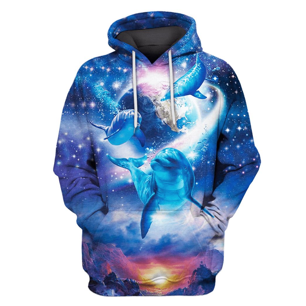 Dolphins in the space with planets Custom T-shirt - Hoodies Apparel GH110410 3D Custom Fleece Hoodies Hoodie S 