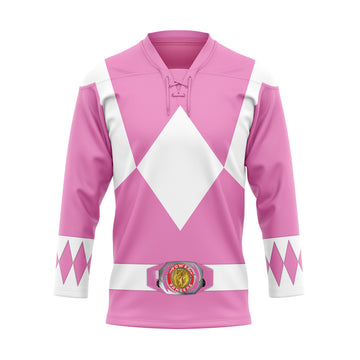 Gearhumans 3D Mighty Morphin Pink Power Rangers Custom Hockey Jersey