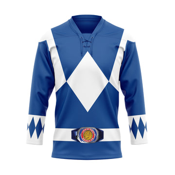 Gearhumans 3D Mighty Morphian Blue Power Rangers Custom Hockey Jersey
