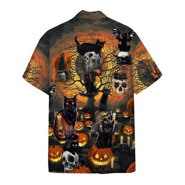 Gearhumans 3D Skull With Black Cat Halloween Custom Hawaiian Shirt