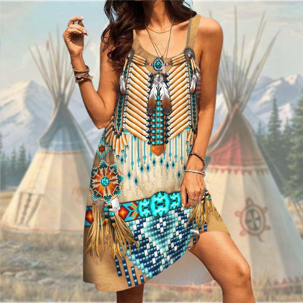 Gearhuman 3D American Native Traditional Sleeveless Beach Dress