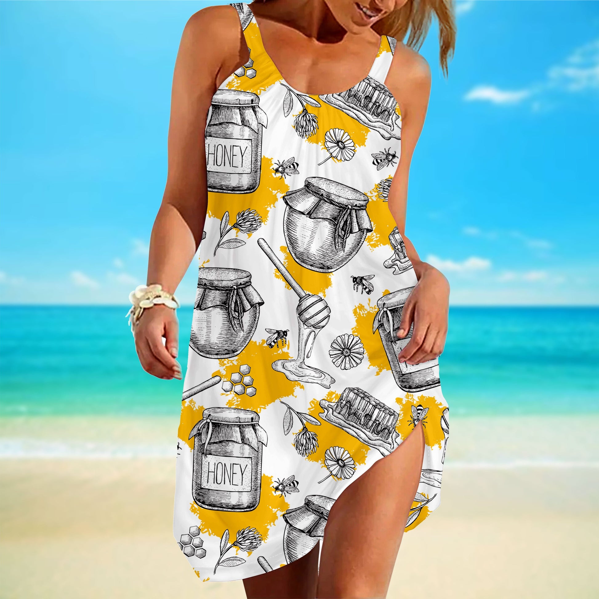 Gearhuman 3D Bee And Honey Custom Sleeveless Beach Dress ZK03062111 Beach Dress 