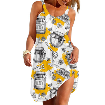 Gearhuman 3D Bee And Honey Custom Sleeveless Beach Dress ZK03062111 Beach Dress Beach Dress S 