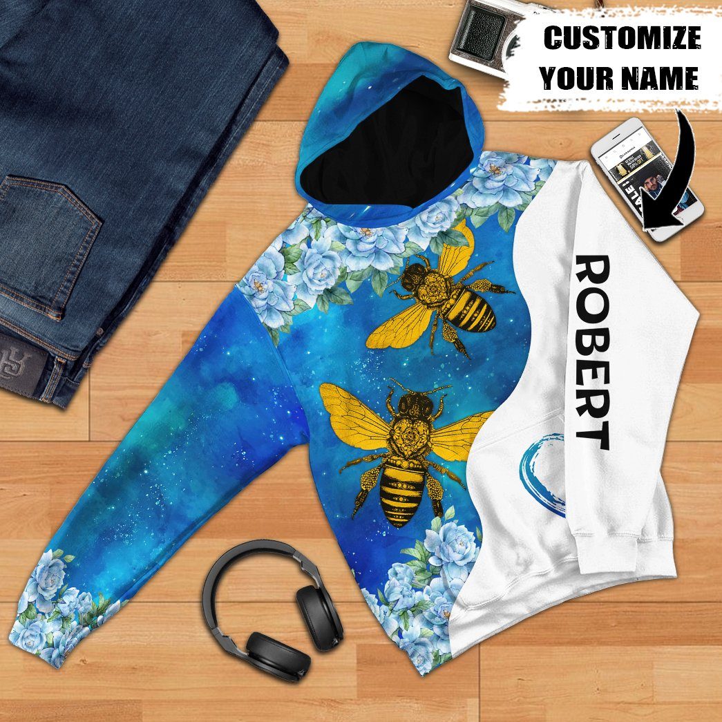 Gearhuman 3D Bee Love Blue Heart Custom Name Tshirt Hoodie Apparel GB26011 3D Apparel