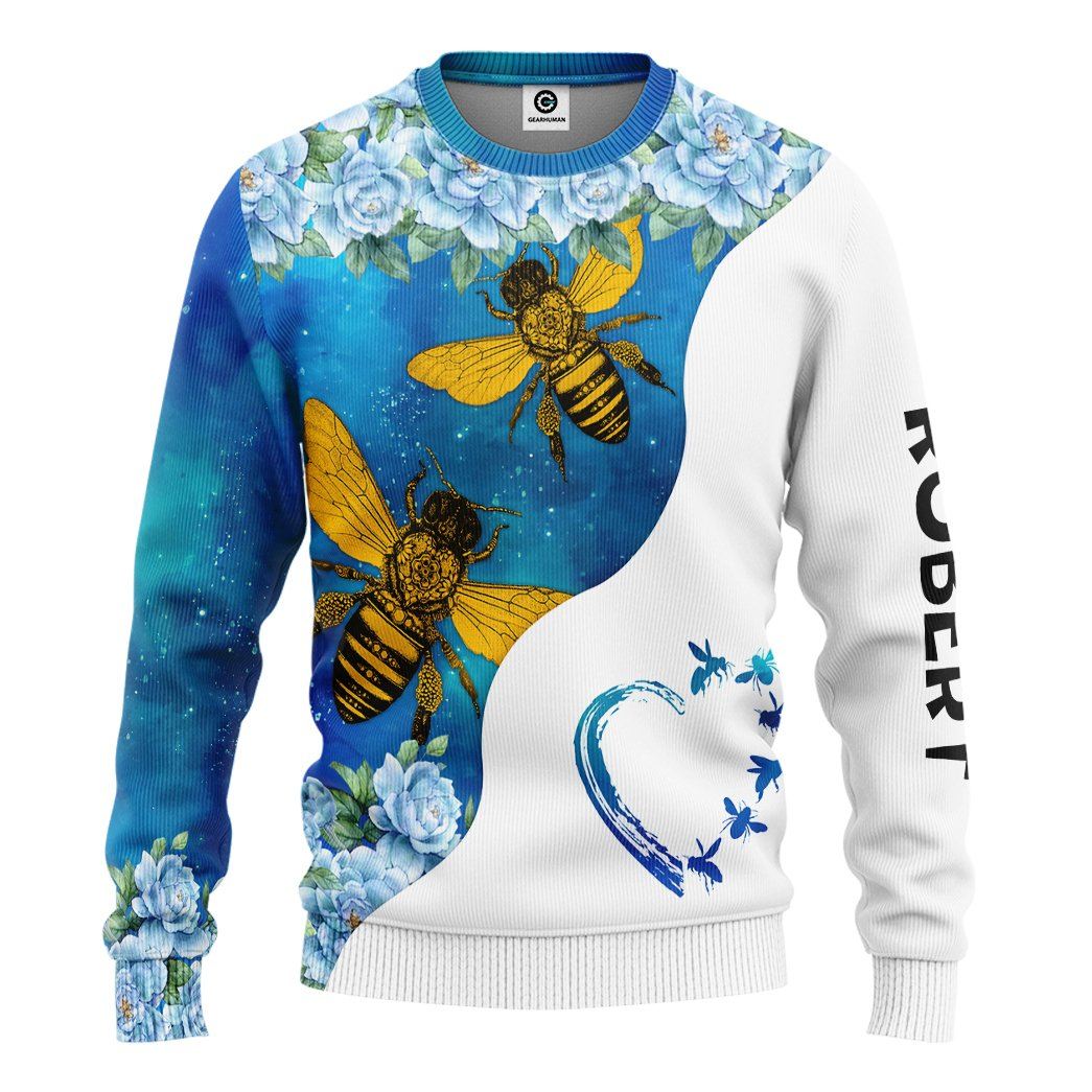 Gearhuman 3D Bee Love Blue Heart Custom Name Tshirt Hoodie Apparel GB26011 3D Apparel Long Sleeve S