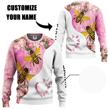 Gearhumans 3D Bee Love Pink Heart Custom Name Tshirt Hoodie Apparel
