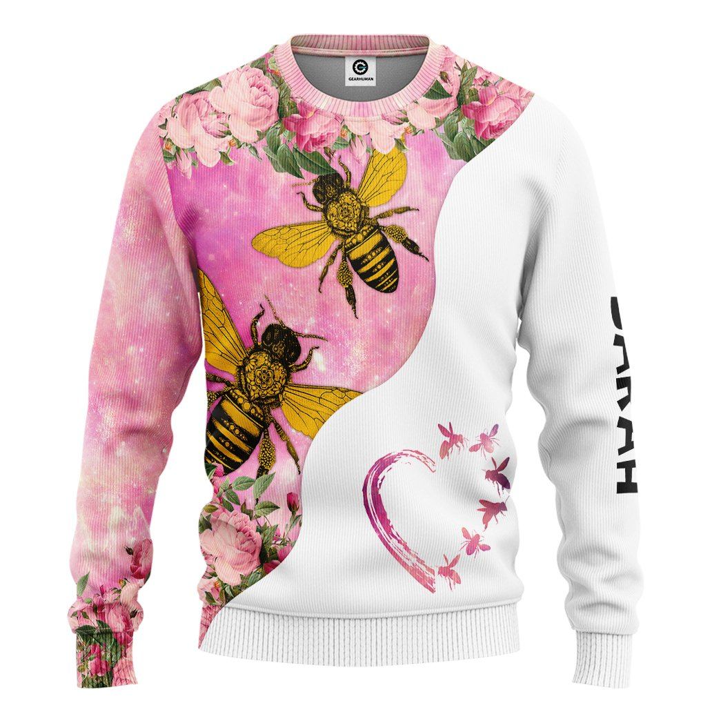 Gearhuman 3D Bee Love Pink Heart Custom Name Tshirt Hoodie Apparel GB26012 3D Apparel Long Sleeve S
