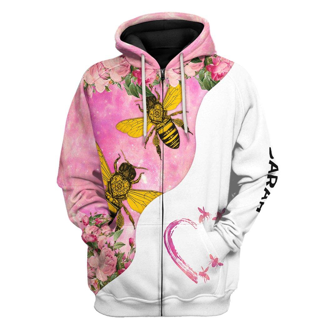 Gearhuman 3D Bee Love Pink Heart Custom Name Tshirt Hoodie Apparel GB26012 3D Apparel Zip Hoodie S