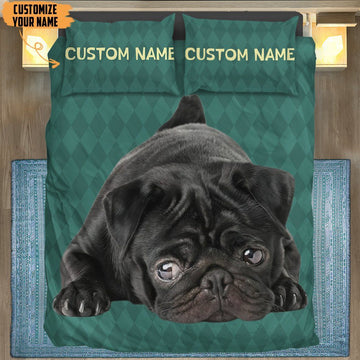 Gearhumans 3D Black Pug Dog Custom Name Bedding Set