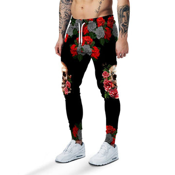 Gearhumans 3D Black Rose Flower Skull Sweatpants