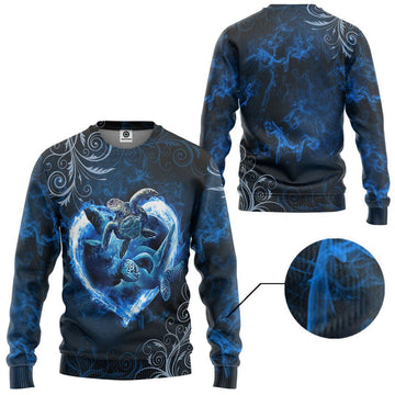 Gearhumans 3D Blue Heart Sea Turtle Tshirt Hoodie Apparel