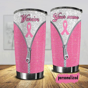 Gearhumans 3D Breast Cancer Warriors Custom Name Design Vacuum Insulated Glitter Tumbler