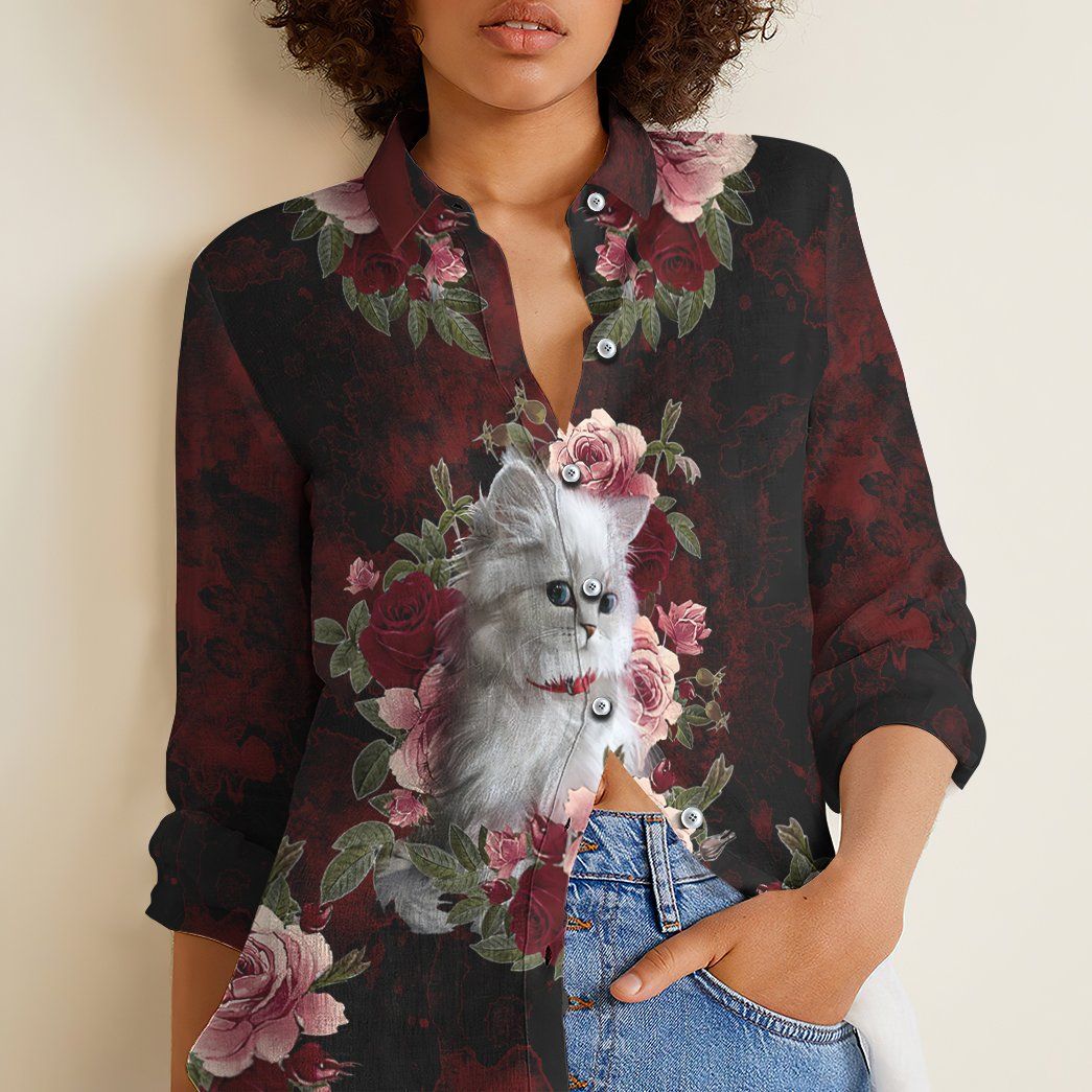 Gearhuman 3D Cat And Flower Custom Linen Shirt For Woman GV141011 Linen Shirt 