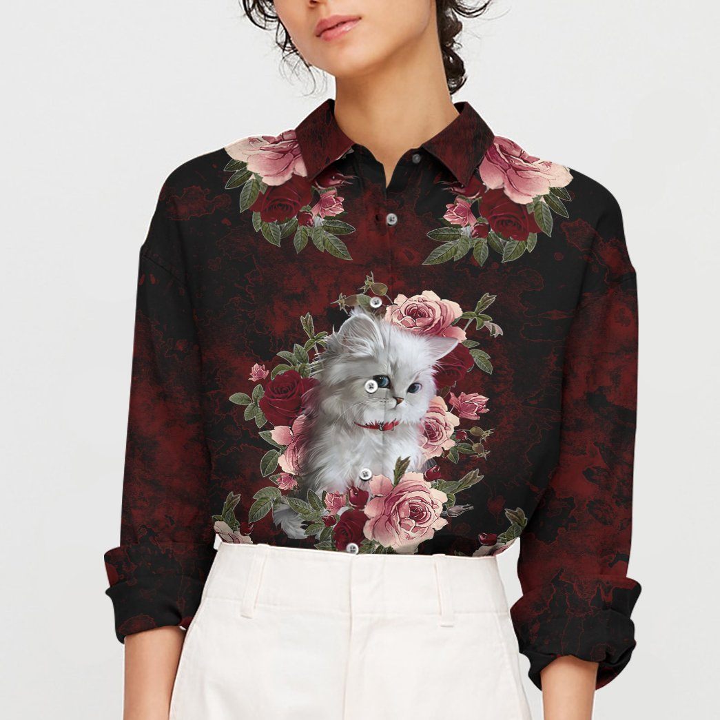 Gearhuman 3D Cat And Flower Custom Linen Shirt For Woman GV141011 Linen Shirt 