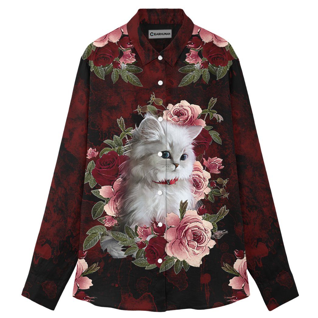 Gearhuman 3D Cat And Flower Custom Linen Shirt For Woman GV141011 Linen Shirt Linen Shirt S 