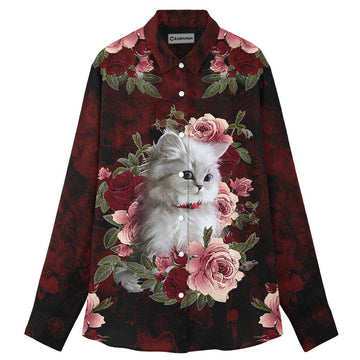 Gearhumans 3D Cat And Flower Custom Linen Shirt For Woman