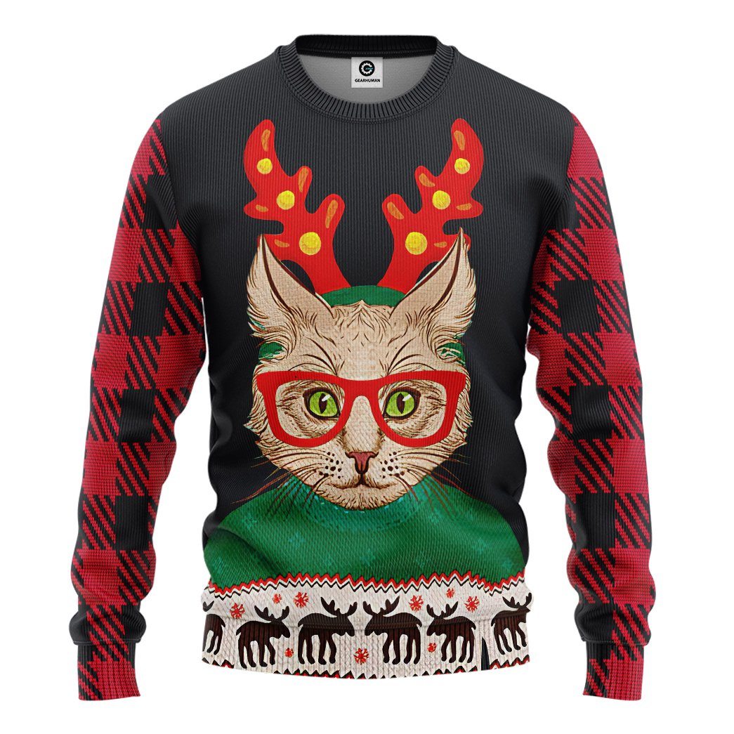 Gearhuman 3D Christmas Cat Custom Tshirt Hoodie Apparel GC04113 3D Apparel Long Sleeve S 