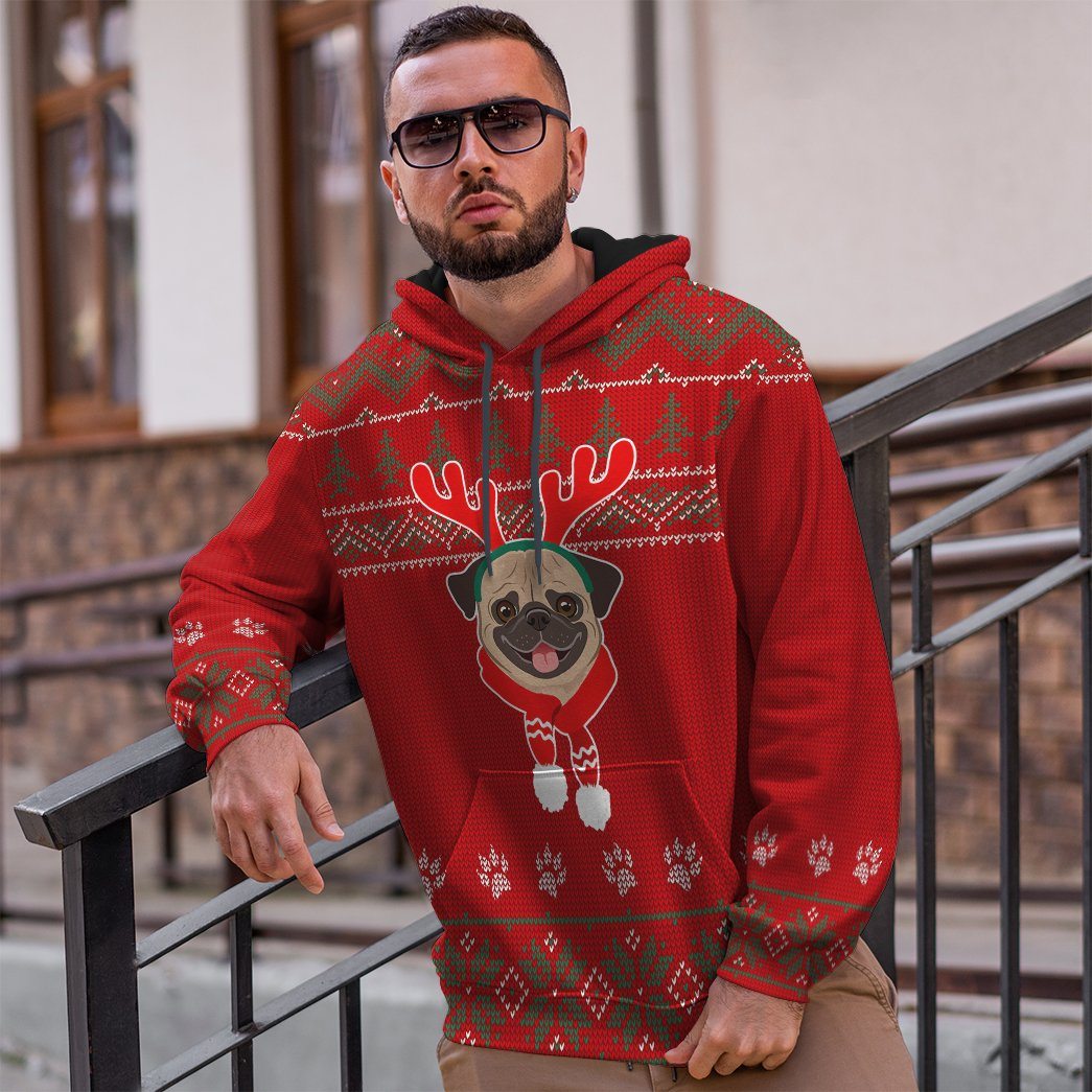 Gearhuman 3D Christmas Pug Dog Ugly Sweater Custom Hoodie Apparel GC06104 3D Apparel 