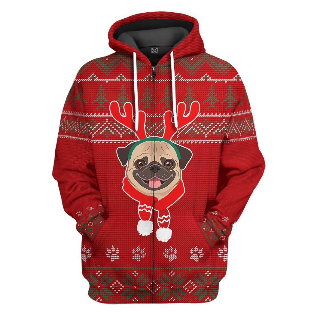 Gearhuman 3D Christmas Pug Dog Ugly Sweater Custom Hoodie Apparel GC06104 3D Apparel Zip Hoodie S 