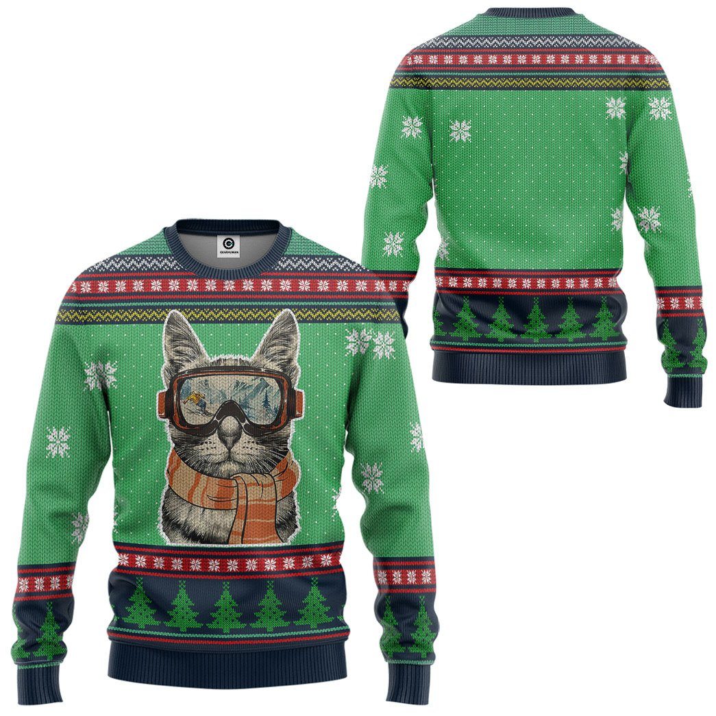Gearhuman 3D Custom Skiing Cat Ugly Christmas Tshirt Hoodie Apparel GB20112 3D Apparel 
