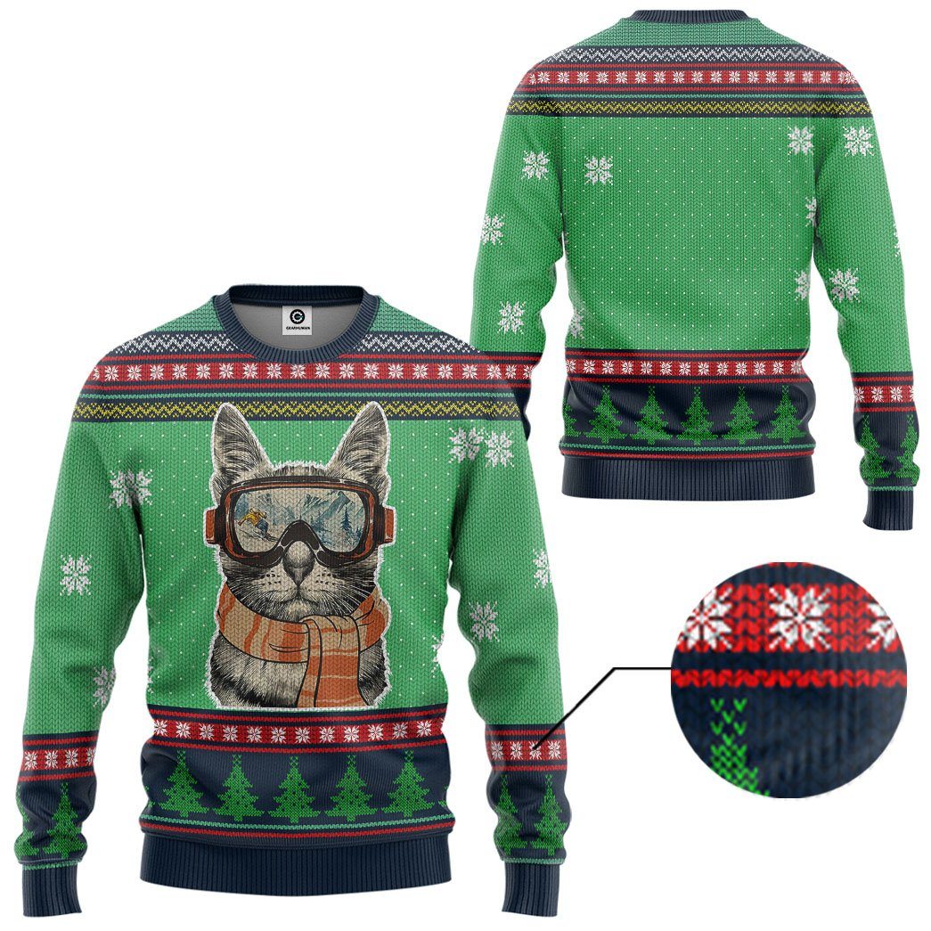 Gearhuman 3D Custom Skiing Cat Ugly Christmas Tshirt Hoodie Apparel GB20112 3D Apparel 
