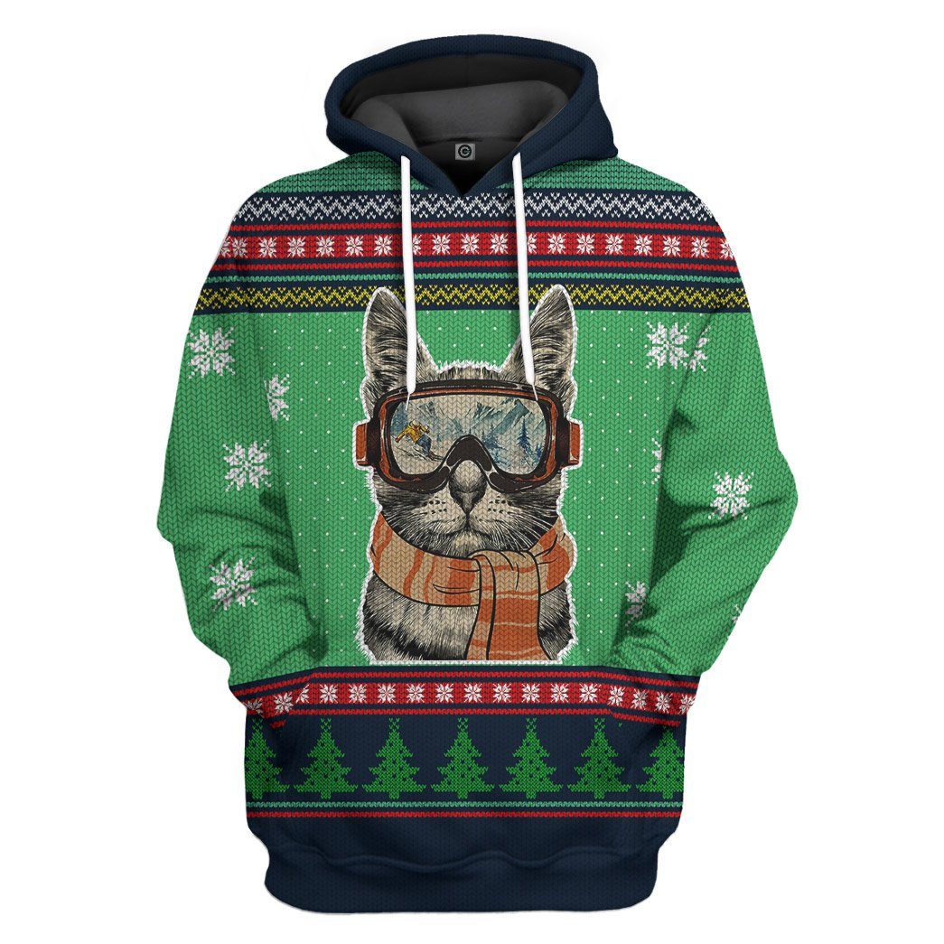 Gearhuman 3D Custom Skiing Cat Ugly Christmas Tshirt Hoodie Apparel GB20112 3D Apparel Hoodie S 