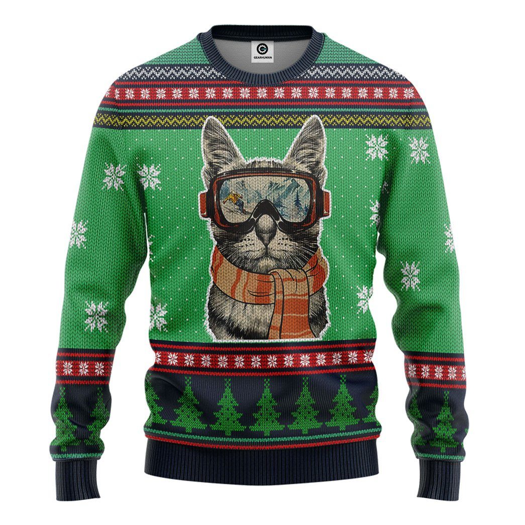 Gearhuman 3D Custom Skiing Cat Ugly Christmas Tshirt Hoodie Apparel GB20112 3D Apparel Long Sleeve S 