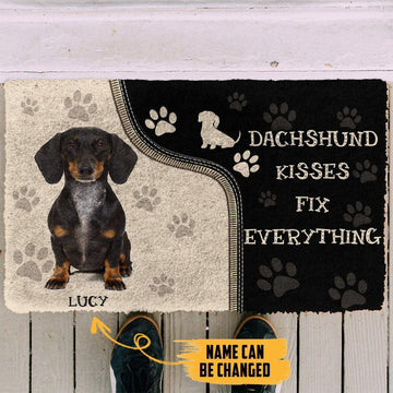 Gearhumans 3D Dachshund Kisses Fix Anything Custom Name Doormat