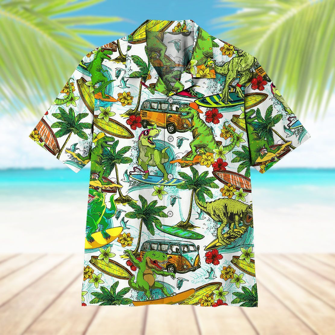 Gearhuman 3D Dinosaur Surfing Hawaii Shirt ZZ0707213 Short Sleeve Shirt 
