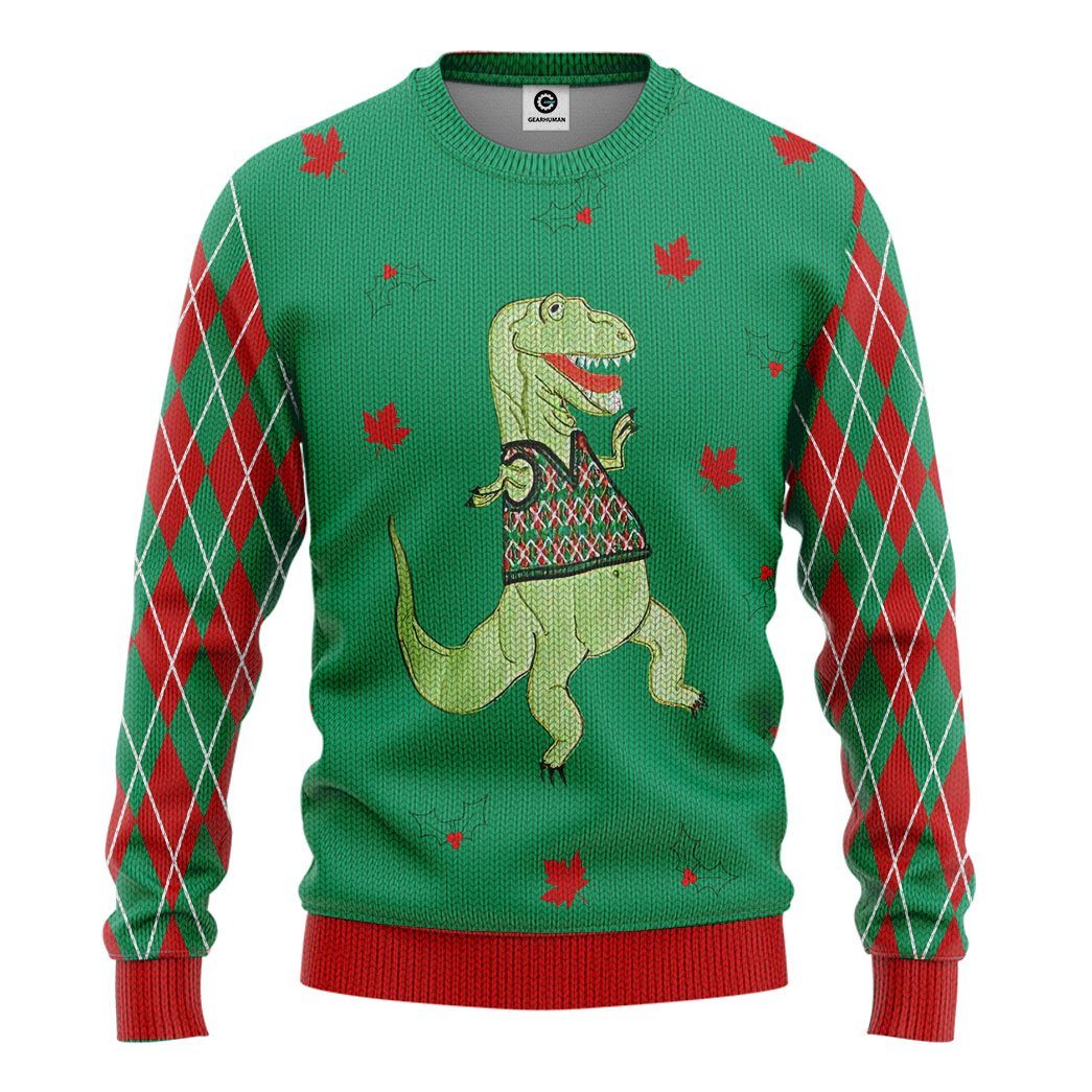 Gearhuman 3D Dinosaur Ugly Sweater Custom Name Tshirt Hoodie Apparel GC21105 3D Apparel Long Sleeve S 