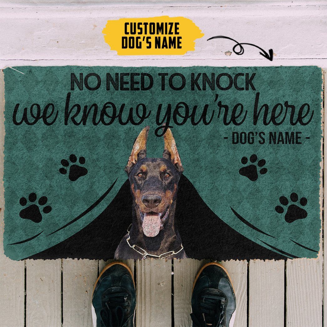 Gearhumans 3D Doberman Pinscher We Know Youre Here Custom Name Doormat