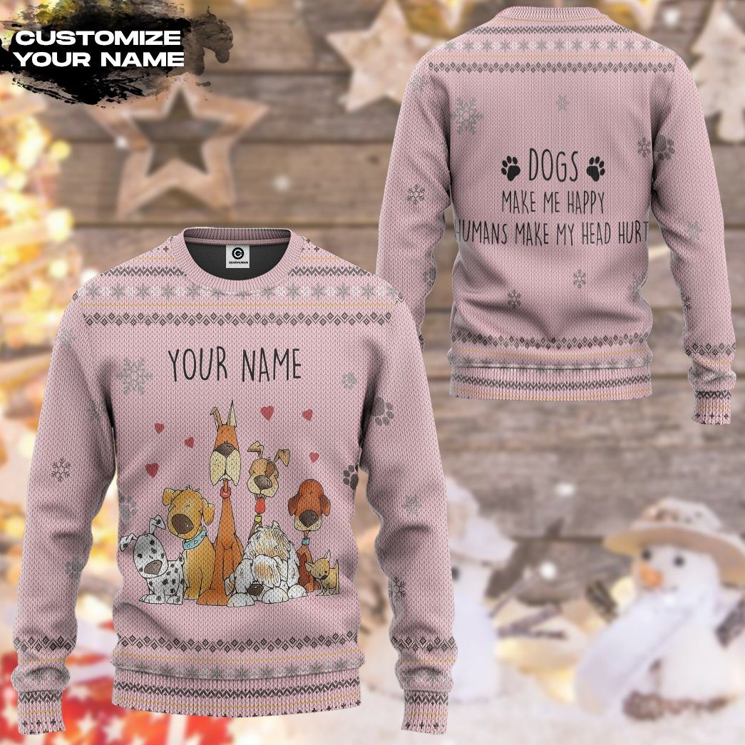 Gearhuman 3D Dogs Make Me Happy Custom Name Christmas Ugly Sweatshirt Apparel GB26111 3D Apparel 