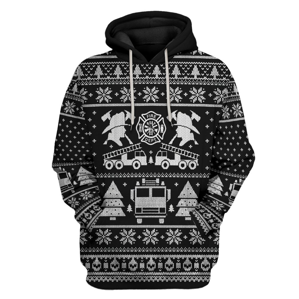 Gearhuman 3D FIRE DEPT Firefighter Ugly Christmas Sweater Black Custom Hoodie Apparel GV08108 3D Apparel Hoodie S 