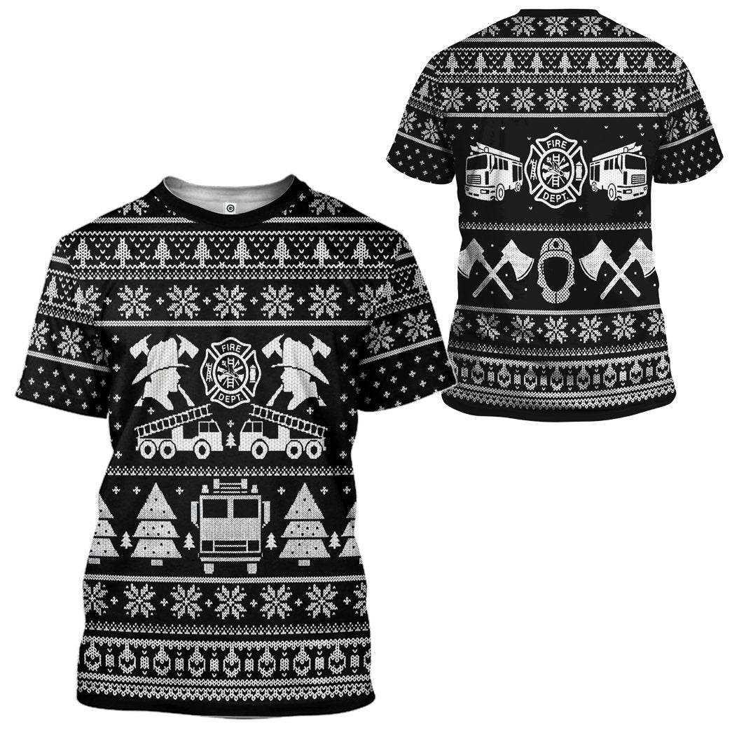 Gearhuman 3D FIRE DEPT Firefighter Ugly Christmas Sweater Black Custom Tshirt Apparel GV08108 3D T-shirt 