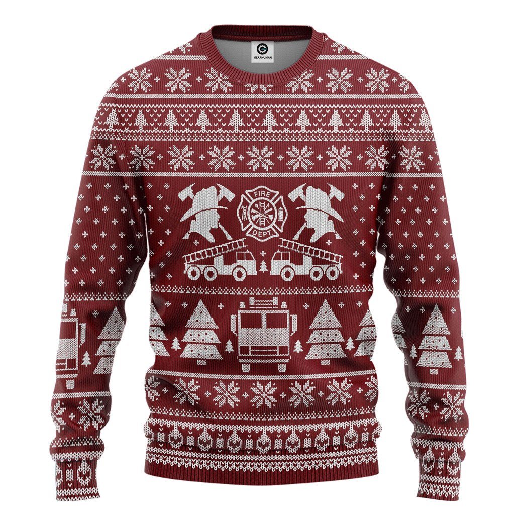 Gearhumans 3D FIRE DEPT Firefighter Ugly Christmas Sweater Red Custom