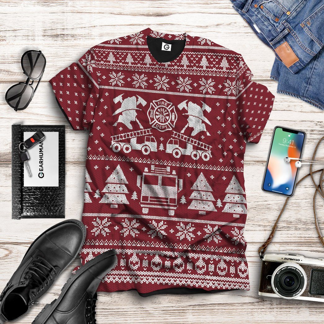 Gearhumans 3D FIRE DEPT Firefighter Ugly Christmas Sweater Red Custom Tshirt Apparel