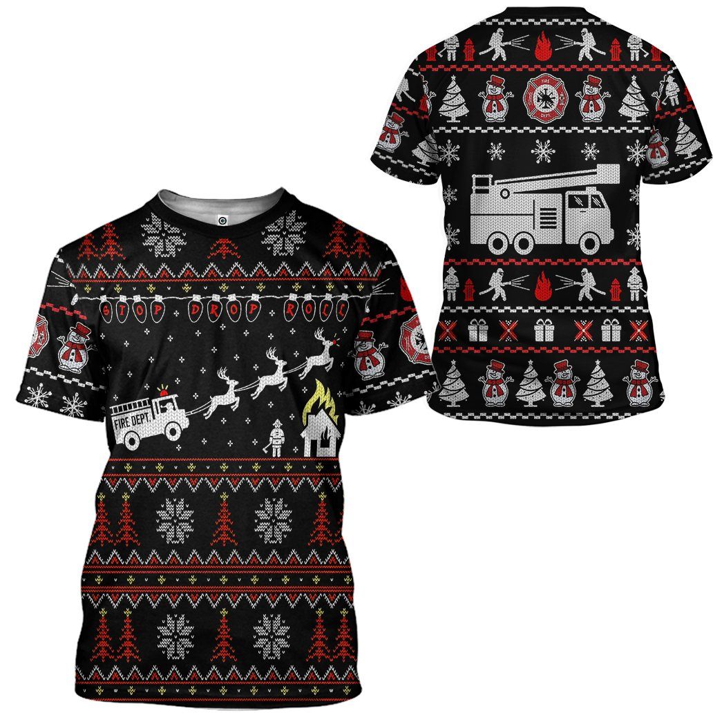 Gearhuman 3D Firefighter FIRE DEPT Ugly Christmas Sweater Custom Tshirt Apparel GV081029 3D T-shirt 
